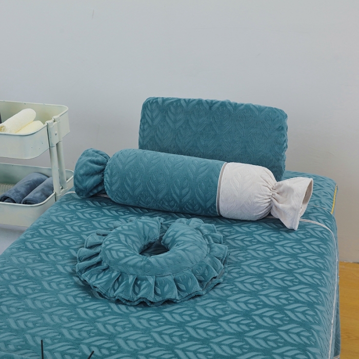 91家纺网 家纺一手货源 找家纺 莉人坊 2023时尚典雅裙摆3D压花德绒美容床罩 时尚典雅-湖蓝德绒