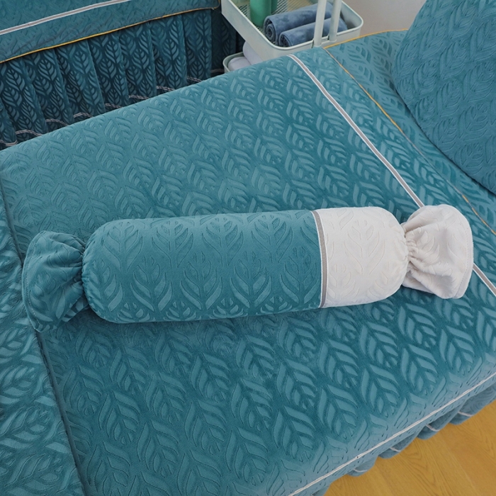 91家纺网 家纺一手货源 找家纺 莉人坊 2023时尚典雅裙摆3D压花德绒美容床罩 时尚典雅-湖蓝德绒