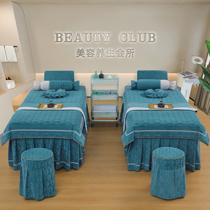 91家纺网 家纺一手货源 找家纺 莉人坊 2023时尚典雅裙摆3D压花德绒美容床罩 时尚典雅-湖蓝德绒