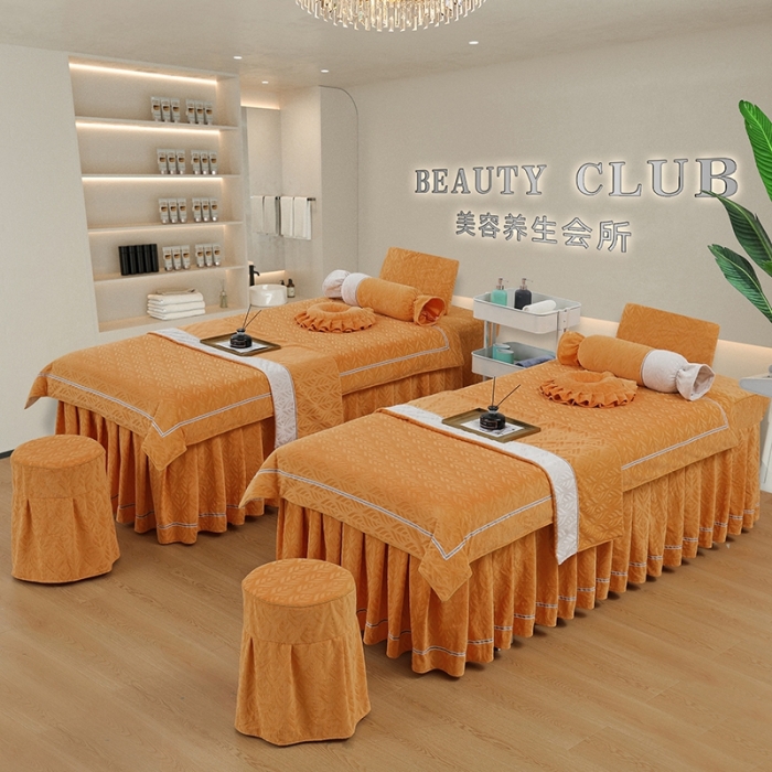 91家纺网 家纺一手货源 找家纺 莉人坊 2023时尚典雅裙摆3D压花德绒美容床罩 时尚典雅-橘色德绒