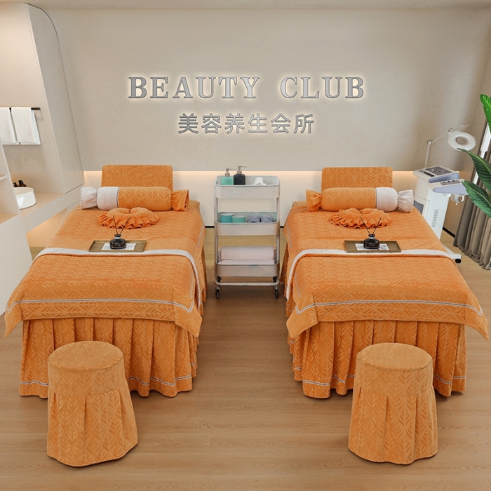 91家纺网 家纺一手货源 找家纺 莉人坊 2023时尚典雅裙摆3D压花德绒美容床罩 时尚典雅-橘色德绒