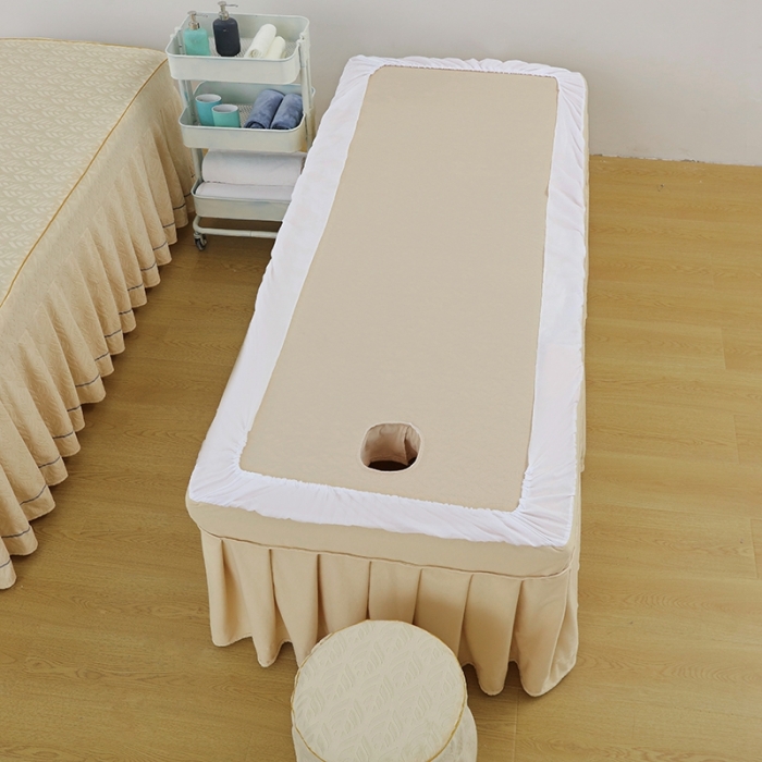 91家纺网 家纺一手货源 找家纺 莉人坊 2023时尚典雅裙摆3D压花德绒美容床罩 时尚典雅-米黄德绒