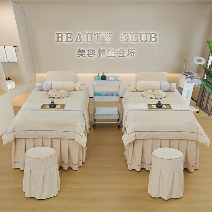 91家纺网 家纺一手货源 找家纺 莉人坊 2023时尚典雅裙摆3D压花德绒美容床罩 时尚典雅-米黄德绒