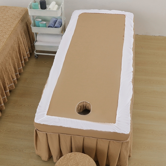 91家纺网 家纺一手货源 找家纺 莉人坊 2023时尚典雅裙摆3D压花德绒美容床罩 时尚典雅-驼色德绒