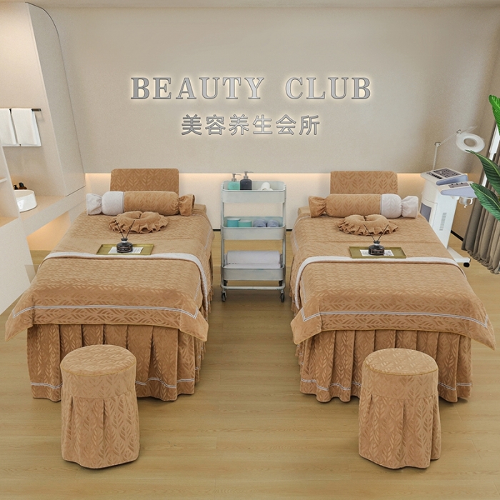 91家纺网 家纺一手货源 找家纺 莉人坊 2023时尚典雅裙摆3D压花德绒美容床罩 时尚典雅-驼色德绒