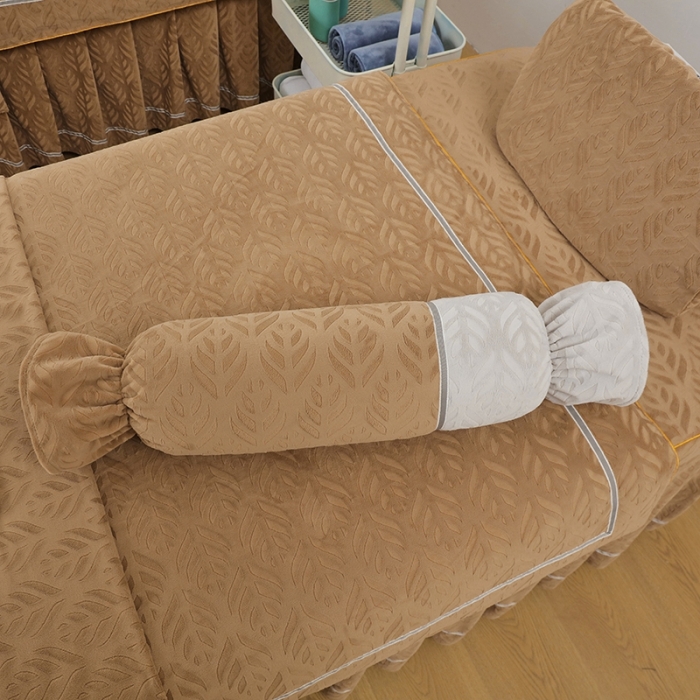 91家纺网 家纺一手货源 找家纺 莉人坊 2023时尚典雅裙摆3D压花德绒美容床罩 时尚典雅-驼色德绒