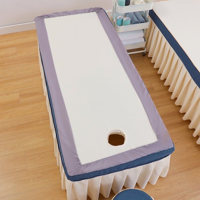 91家纺网 家纺一手货源 找家纺 莉人坊 2023至尊丽人裙摆彩棉麻美容床罩 至尊丽人海蓝+米黄