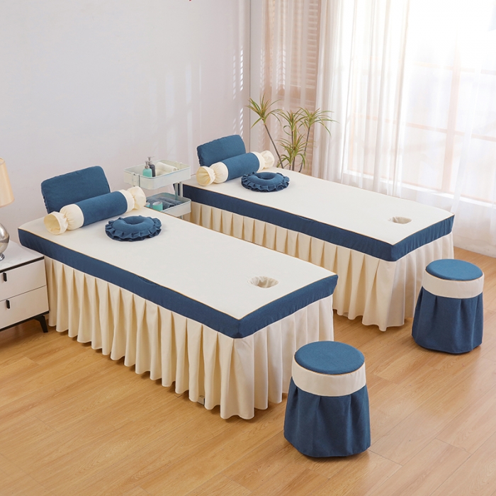 91家纺网 家纺一手货源 找家纺 莉人坊 2023至尊丽人裙摆彩棉麻美容床罩 至尊丽人海蓝+米黄