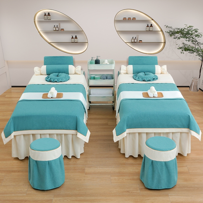 91家纺网 家纺一手货源 找家纺 莉人坊 2023至尊丽人裙摆彩棉麻美容床罩 至尊丽人湖蓝+米黄