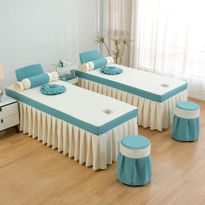 91家纺网 家纺一手货源 找家纺 莉人坊 2023至尊丽人裙摆彩棉麻美容床罩 至尊丽人湖蓝+米黄