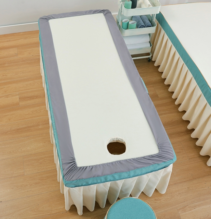 91家纺网 家纺一手货源 找家纺 莉人坊 2023至尊丽人裙摆彩棉麻美容床罩 至尊丽人湖蓝+米黄