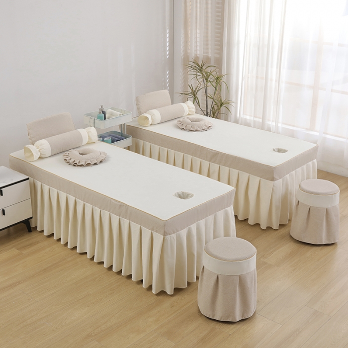 91家纺网 家纺一手货源 找家纺 莉人坊 2023至尊丽人裙摆彩棉麻美容床罩 至尊丽人驼色+米黄