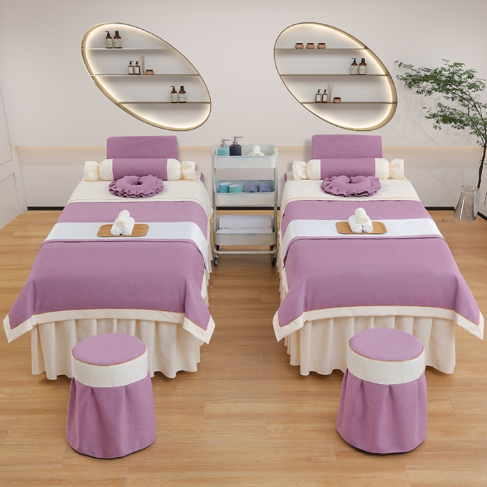 91家纺网 家纺一手货源 找家纺 莉人坊 2023至尊丽人裙摆彩棉麻美容床罩 至尊丽人紫色+米黄