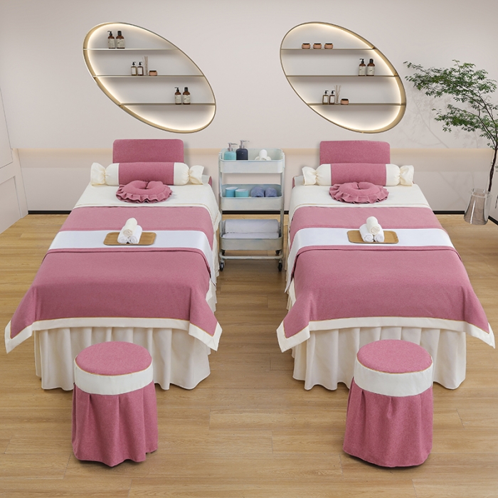 91家纺网 家纺一手货源 找家纺 莉人坊 2023至尊丽人裙摆彩棉麻美容床罩 至尊丽人酒红+米黄