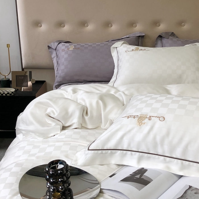 91家纺网 家纺一手货源 找家纺 北辰 2022新款80天丝四件套-天丝棋盘格 棋盘格-贵族白