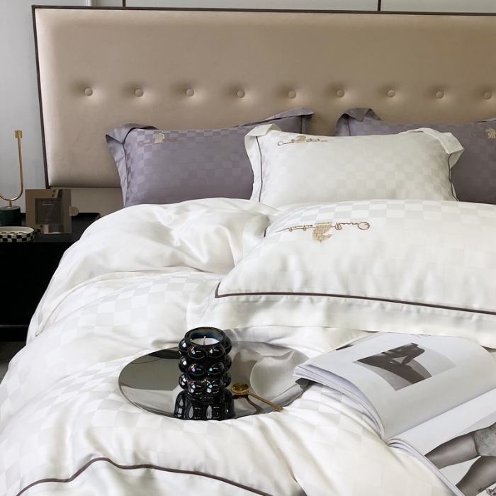 91家纺网 家纺一手货源 找家纺 北辰 2022新款80天丝四件套-天丝棋盘格 棋盘格-贵族白