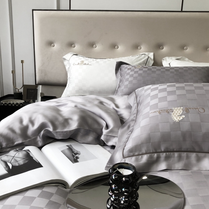 91家纺网 家纺一手货源 找家纺 北辰 2022新款80天丝四件套-天丝棋盘格 棋盘格-格调灰