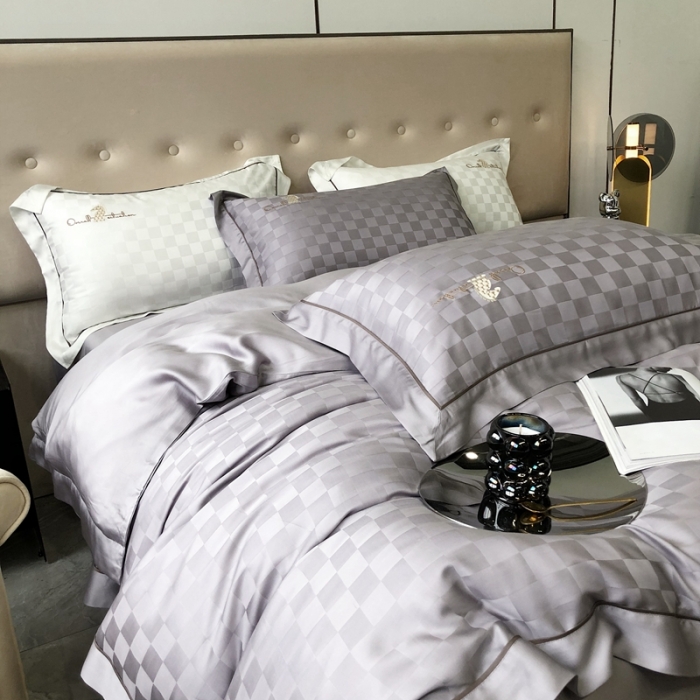 91家纺网 家纺一手货源 找家纺 北辰 2022新款80天丝四件套-天丝棋盘格 棋盘格-格调灰