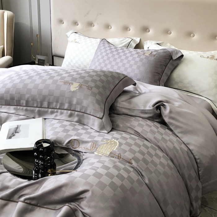 91家纺网 家纺一手货源 找家纺 北辰 2022新款80天丝四件套-天丝棋盘格 棋盘格-格调灰