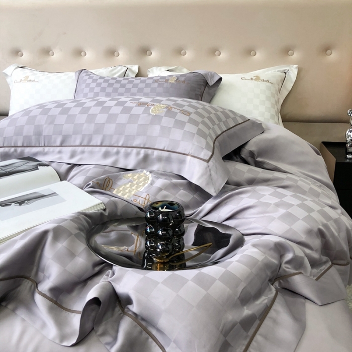 91家纺网 家纺一手货源 找家纺 北辰 2022新款80天丝四件套-天丝棋盘格 棋盘格-格调灰
