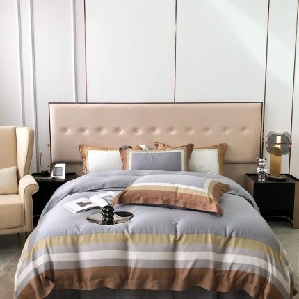 91家纺网 家纺一手货源 找家纺 北辰 2022新款100支天丝数码印花拼接四件套 浮卡-灰