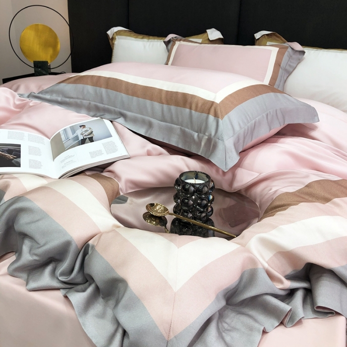 91家纺网 家纺一手货源 找家纺 北辰 2022新款100支天丝数码印花拼接四件套 浮卡-粉