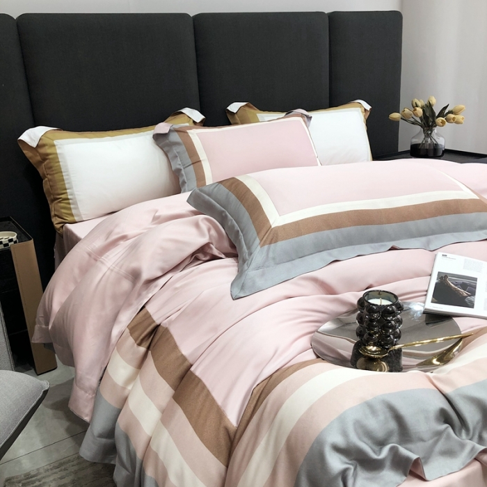 91家纺网 家纺一手货源 找家纺 北辰 2022新款100支天丝数码印花拼接四件套 浮卡-粉