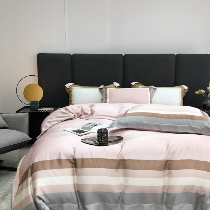 91家纺网 家纺一手货源 找家纺 北辰 2022新款100支天丝数码印花拼接四件套 浮卡-粉