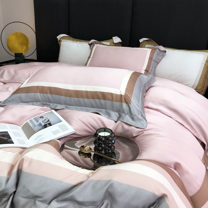 91家纺网 家纺一手货源 找家纺 北辰 2022新款100支天丝数码印花拼接四件套 浮卡-粉