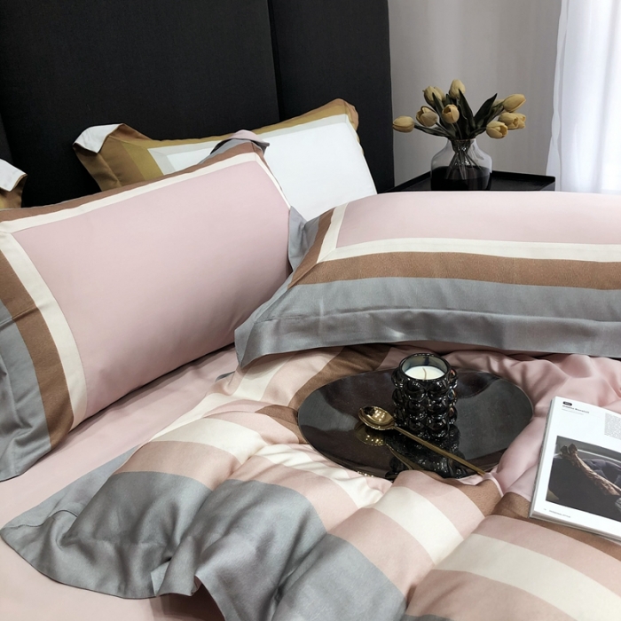 91家纺网 家纺一手货源 找家纺 北辰 2022新款100支天丝数码印花拼接四件套 浮卡-粉