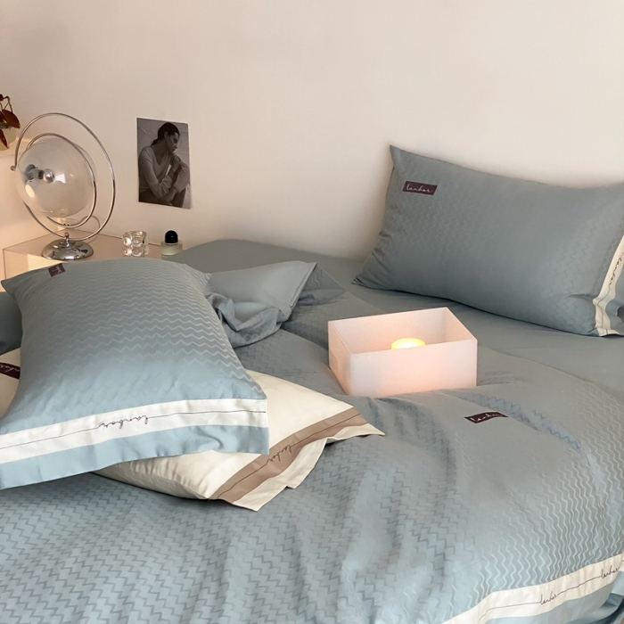 91家纺网 家纺一手货源 找家纺 北辰 2022新款60支水洗提花四件套-雅系列 湖蓝