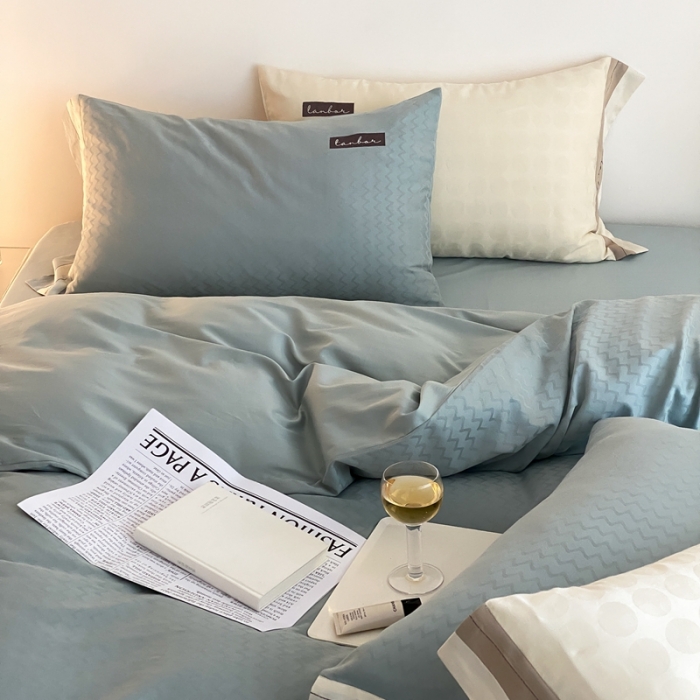 91家纺网 家纺一手货源 找家纺 北辰 2022新款60支水洗提花四件套-雅系列 湖蓝