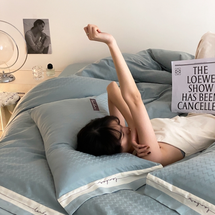 91家纺网 家纺一手货源 找家纺 北辰 2022新款60支水洗提花四件套-雅系列 湖蓝