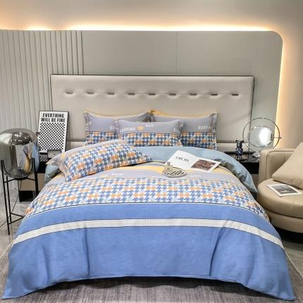 91家纺网 家纺一手货源 找家纺 金纱玉纺 2023新款全棉加厚磨毛四件套 千鸟格-蓝