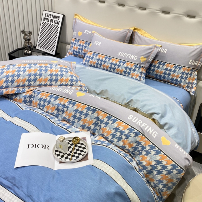 91家纺网 家纺一手货源 找家纺 金纱玉纺 2023新款全棉加厚磨毛四件套 千鸟格-蓝