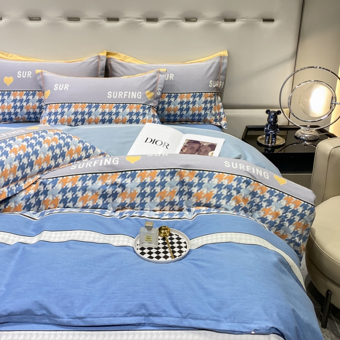 91家纺网 家纺一手货源 找家纺 金纱玉纺 2023新款全棉加厚磨毛四件套 千鸟格-蓝