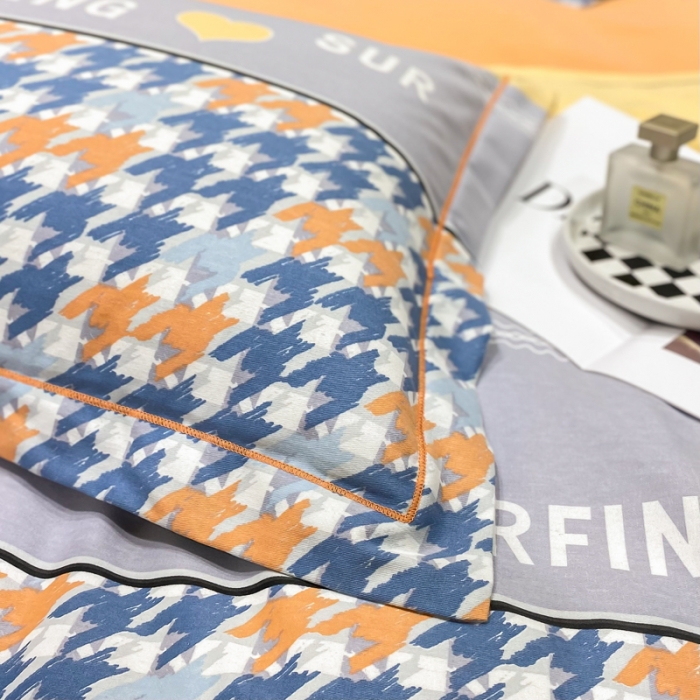 91家纺网 家纺一手货源 找家纺 金纱玉纺 2023新款全棉加厚磨毛四件套 千鸟格-蓝