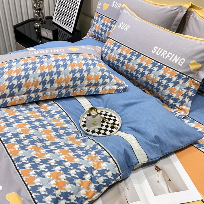 91家纺网 家纺一手货源 找家纺 金纱玉纺 2023新款全棉加厚磨毛四件套 千鸟格-蓝