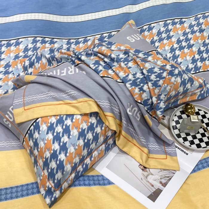 91家纺网 家纺一手货源 找家纺 金纱玉纺 2023新款全棉加厚磨毛四件套 千鸟格-蓝