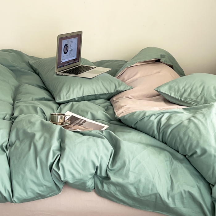 91家纺网 家纺一手货源 找家纺 十里居 2022新款40支13372全棉纯色四件套 湖绿+浅灰