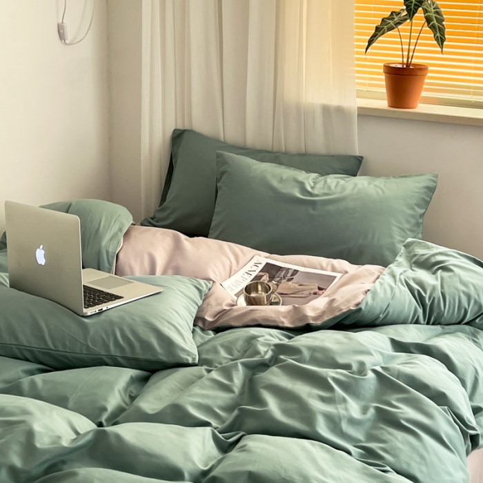 91家纺网 家纺一手货源 找家纺 十里居 2022新款40支13372全棉纯色四件套 湖绿+浅灰