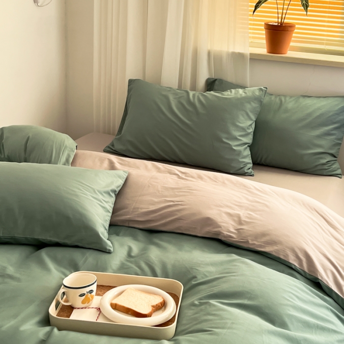 91家纺网 家纺一手货源 找家纺 十里居 2022新款40支13372全棉纯色四件套 湖绿+浅灰