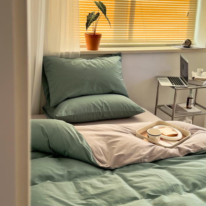 91家纺网 家纺一手货源 找家纺 十里居 2022新款40支13372全棉纯色四件套 湖绿+浅灰