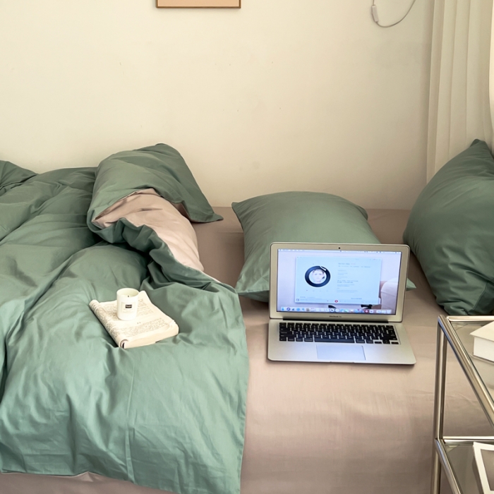 91家纺网 家纺一手货源 找家纺 十里居 2022新款40支13372全棉纯色四件套 湖绿+浅灰