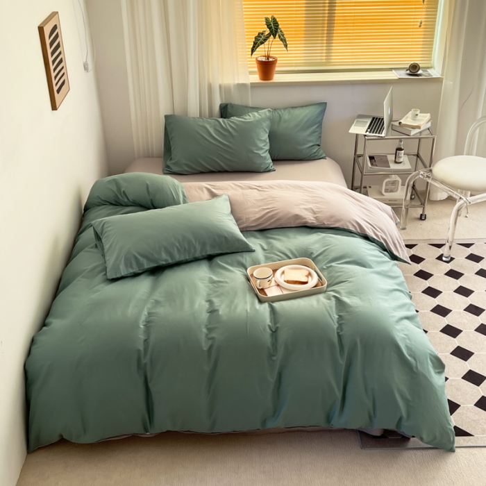 91家纺网 家纺一手货源 找家纺 十里居 2022新款40支13372全棉纯色四件套 湖绿+浅灰