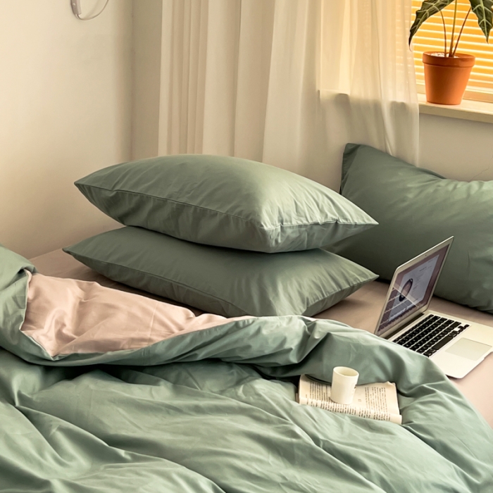 91家纺网 家纺一手货源 找家纺 十里居 2022新款40支13372全棉纯色四件套 湖绿+浅灰