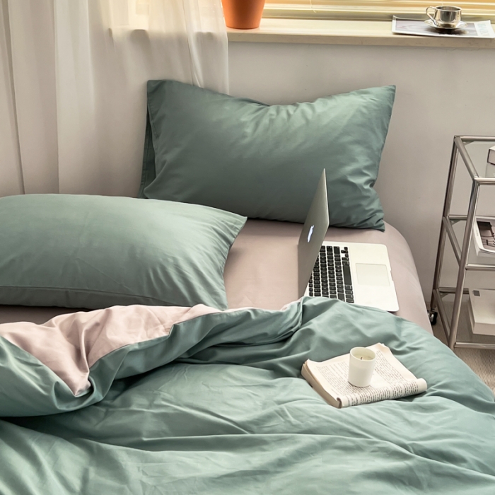 91家纺网 家纺一手货源 找家纺 十里居 2022新款40支13372全棉纯色四件套 湖绿+浅灰