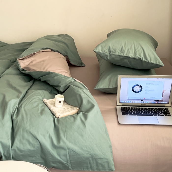 91家纺网 家纺一手货源 找家纺 十里居 2022新款40支13372全棉纯色四件套 湖绿+浅灰