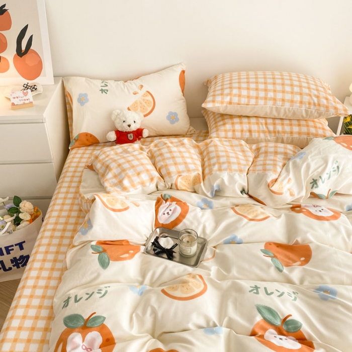 91家纺网 家纺一手货源 找家纺 黑马家居 2023新款喷气全棉斜纹四件套 蜜桔兔