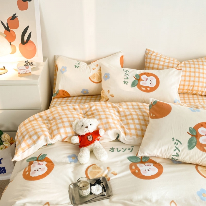 91家纺网 家纺一手货源 找家纺 黑马家居 2023新款喷气全棉斜纹四件套 蜜桔兔